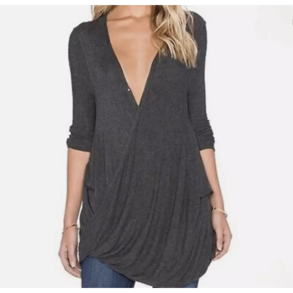 Free People Miss Rose Draped Front Plunge V-Neck Long Sleeve Top Gray Size XS